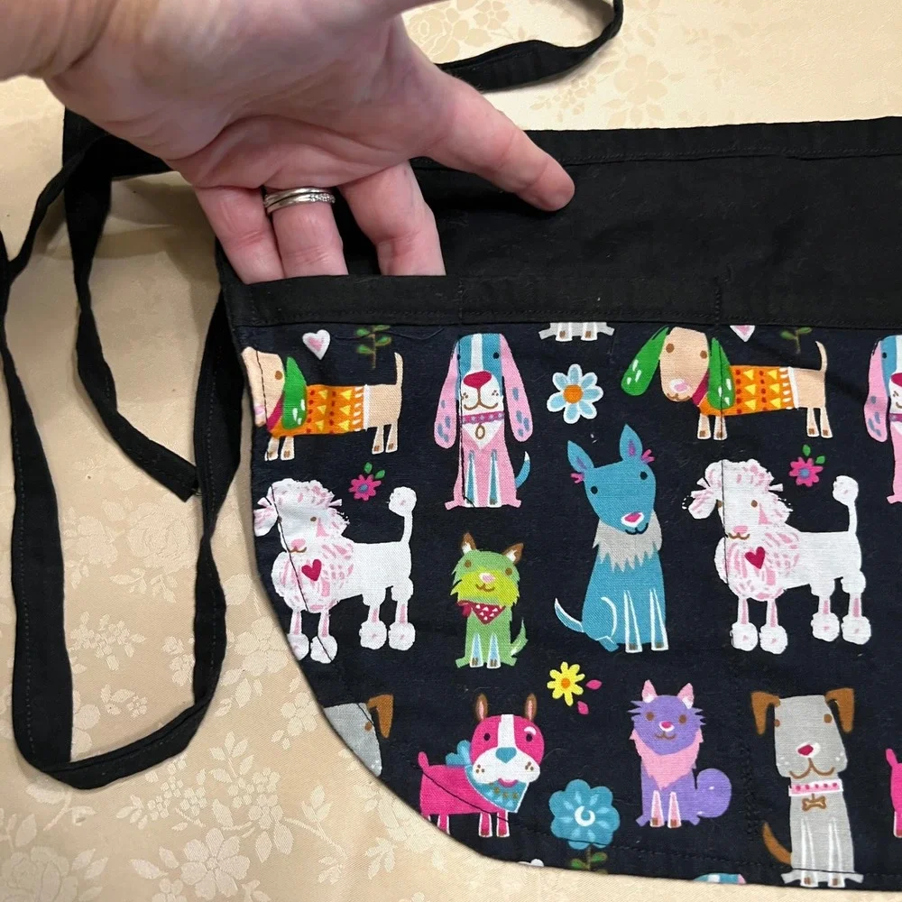 Handmade Dog Print Half Apron 3 Pockets Groomer Server Teacher Black Multi Color
